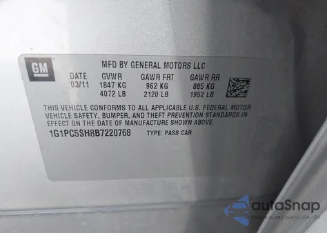 2011 Chevrolet Cruze Ls from USA, damaged, VIN 1G1PC5SH8B7220768